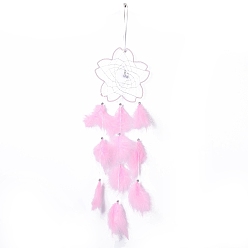 Pearl Pink Handmade Flower Woven Net/Web with Feather Wall Hanging Decoration, with Beads & Cotton Thread, for Home Offices Amulet Ornament, Pearl Pink, 610~670x155mm, Pendant: 530mm long