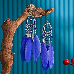 Синий Серьги-капли из сплава со стразами, с пером, античное серебро, синие, 23x11 мм