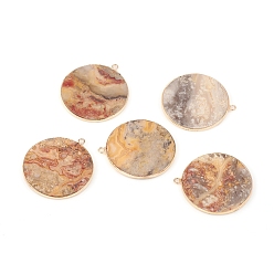 Crazy Agate Natural Crazy Agate Pendants, with Brass Findings, Flat Round, Golden, 32~34x28.5~31x2mm, Hole: 1.6mm