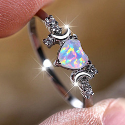 Сердце Кольца перста сплава, с латунной микро-паве кубического циркония и опаловой фурнитурой, сердце, размер США 8 (18.1 мм)