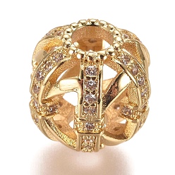 Golden Brass Micro Pave Clear Cubic Zirconia Beads, Hollow Round, Golden, 12.5mm, Hole: 3.5mm