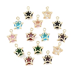 Golden Brass Glass Pendants, Star Charms, Faceted, Mixed Color, Golden, 13x10.5x6.5mm, Hole: 1.6mm