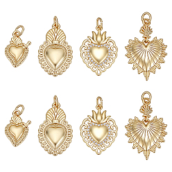 Real 18K Gold Plated 8Pcs 4 Styles Rack Plating Brass Micro Pave Cubic Zirconia Pendants, Heart Charm, Mexican Milagro Flaming Holy Heart Pendant, Long-Lasting Plated, with Jump Rings, Cadmium Free & Lead Free, Real 18K Gold Plated, 16~28x11~18.5x2~3.5mm, Hole: 3~3.5mm, 2pcs/style