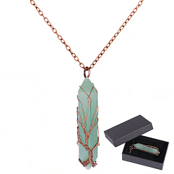 Green Aventurine 1Pc Natural Green Aventurine Bullet Macrame Pouch Pendant Alloy Chain Necklaces, with Paper Jewelry Gift Packing Boxes and Raffia Crinkle Cut Paper Shred Filler, Golden, 20.87 inch(53cm)