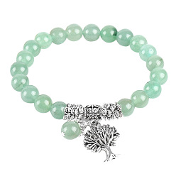 Aventurina Verde Pulsera elástica con cuentas de aventurina verde natural y dijes de aleación del árbol de la vida, 6-3/4~8-5/8 pulgada (17~22 cm)