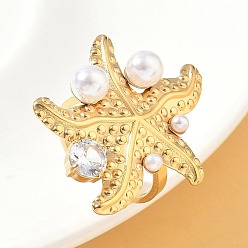 Настоящее золото 18K 304 Кольца-манжеты из нержавеющей стали с микропаве из кубического циркония и пластиковым жемчугом, морская звезда, для женщин, реальный 18 k позолоченный, 20x20 мм, внутренний диаметр: 18 мм