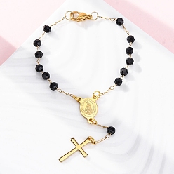 Золотой 304 из нержавеющей стали ссылку цепи браслеты, ионное покрытие (ip), с 201 крестообразными деталями из нержавеющей стали и стеклянными бусинами, золотые, 6-1/4 дюйм (15.9 см)