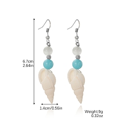 Платина Серьги с подвесками из латуни и ракушек, формы раковины, болтаются серьги, зелёные, платина, 67x14 мм