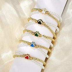 (52) Непрозрачная лаванда Латунь многожильных браслеты, эмалевые браслеты с подвесками для женщин, отпечаток лапы, ионное покрытие (ip), реальный 18 k позолоченный, с пластиковой жемчужиной и 304 карабином из нержавеющей стали, разноцветные, 7-1/4 дюйм (18.3 см)