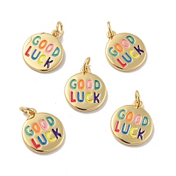 Real 18K Gold Plated Flat Round with Word Good Luck Brass Enamel Pendants, with Jump Rings, Cadmium Free & Nickel Free & Lead Fre, Real 18K Gold Plated, 15.5x13.5x1.5mm, Hole: 3.4mm