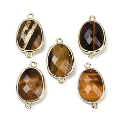 Тигровый глаз Натуральные граненые подвески-соединители с тигровым глазом, покрытие стойки латунные овальные звенья, золотые, 22.5~23x13.5~14x6 мм, отверстие : 1.4 мм