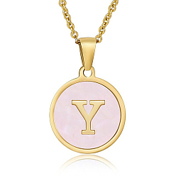 Letter Y Natural Shell Initial Letter Pendant Necklace, with Golden Stainless Steel Cable Chains, Letter Y, 17.72 inch(45cm)