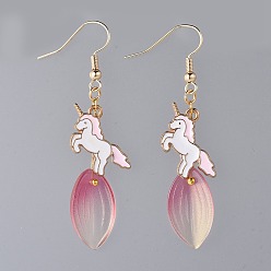 Pink Unicorn Alloy Enamel Dangle Earrings, with Glass Pendant and Brass Earring Hooks, Golden, Pink, 60mm, Pin: 0.7mm