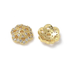 Настоящее золото 18K Латунные прозрачные кубические циркониевые колпачки для бусин, цветок, реальный 18 k позолоченный, 10x3 мм, отверстие : 1.5 мм