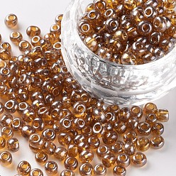 Dark Goldenrod Glass Seed Beads, Trans. Colours Lustered, Round, Dark Goldenrod, 4mm, Hole: 1.5mm, about 4500pcs/pound