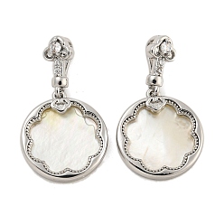 Platinum Brass Pave Shell Pendants, with Clear Cubic Zirconia, Flat Round with Flower Charm, Platinum, 16.5x15x3mm, Hole: 4x2mm