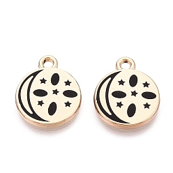 Negro Colgantes de la aleación del esmalte, chapado en rack, dijes planos redondos, de estrella y de luna, dorado, negro, 14.5x12x1.5 mm, agujero: 1.6 mm