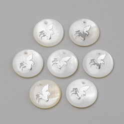 Платина Подвески из пресноводных оболочек, плоский круглый и единорог, платина, 16x3.5~4 мм, отверстие : 1.2 мм