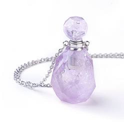 Amethyst Natural Amethyst Openable Perfume Bottle Pendant Necklaces, with 304 Stainless Steel Cable Chain and Plastic Dropper, Bottle, Size: about 34~40 long, 15~20mm wide