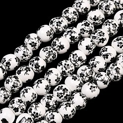 Black Floral Printed Porcelain Beads, Flower Patterned Ceramic Round Beads, Black, 6mm, Hole: 2mm, about 60pcs/strand, 12.5~13.58 inch