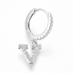 Letter V Rhodium Plated 925 Sterling Silver Hoop Earrings, Dangle Earrings, with Cubic Zirconia, with S925 Stamp, Letter, Clear, Platinum, Letter.V, 19.5mm, Pendants: about 8.8X7.3X1.5mm, Pin: 0.6mm