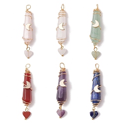 Луна 6 шт. 6 стили натуральный сердолик и зеленый авантюрин и розовый кварц и кварцевый кристалл и лазурит и аметист ограненные сердечки-пули, обмотанные медной проволокой, с латунной бисера, золотые, луна, 47~51x9~9.5x11~12 мм, отверстие : 3~5x3~4 мм, 1 шт / стиль