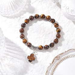 Тигровый глаз Браслеты с подвесками-крестами из натурального тигрового глаза, браслеты из бисера эластичные для мужчин и женщин, античное серебро, внутренний диаметр: 2-1/4 дюйм (5.6 см)