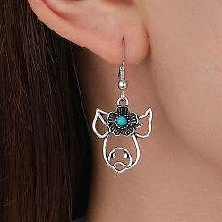 (461) Высокий Металлик Виноград Серьги-подвески из сплава и синтетической бирюзы, античное серебро, крупный рогатый скот, 40x18 мм