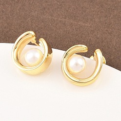 Настоящее золото 18K Латунь серьги, с абс пластмассовой имитационной жемчужиной, круглые, реальный 18 k позолоченный, 12x11.5 мм