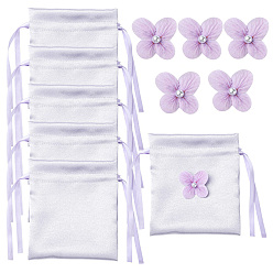 Purple Satin Cloth Drawstring Pouches with Flower, Rectangle, Purple, 15x15cm
