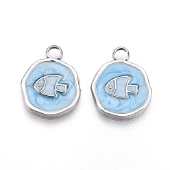 Светло-Голубой 304 подвески из нержавеющей стали, с эмалью, плоский круглый с рыбными чарами, цвет нержавеющей стали, Небесно-голубой, 16.5x13x2 мм, отверстие : 2.5 мм