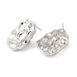 Platinum Brass Hammered Oval Stud Earrings, Platinum, 30x20.5mm