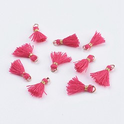 Ярко-Розовый Нейлона кулон кистями украшения, мини-кисточка, с железной фурнитурой золотого цвета, ярко-розовый, 10.5~14.5x2.5~3 мм, отверстие : 2 мм