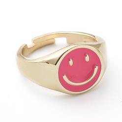 Hot Pink Adjustable Brass Enamel Finger Rings, Long-Lasting Plated, Smiling Face, Real 18K Gold Plated, Hot Pink, US Size 7 1/4(17.5mm)