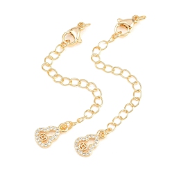 Golden Brass Curb Chain Extender, End Chains with Lobster Claw Clasps and Cubic Zirconia Charms, Gourd, Golden, 75mm, Hole: 2.4mm