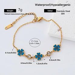 Clover Saint Patrick's Day 304 Stainless Steel Pave Clear Cubic Zirconia Link Bracelets with Dodger Blue Enamel for Women, Golden, Clover, 6.69 inch(17cm)