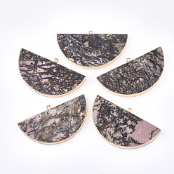 Rhodonite Electroplate Natural Rhodonite Semi Circle Pendants, with Iron Findings, Half Round, Golden, 34~35x60.5x4~5.5mm, Hole: 1.8mm