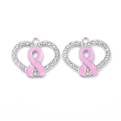 Platin Farbe Emaille-Legierungs-Anhänger, mit Strass-Kristall, Herz, mit Oktober-Brustkrebs-Rosa-Bewusstseinsband, Platin Farbe, 21.5x25x2 mm, Bohrung: 2 mm