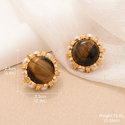 Цветок Серьги-гвоздики из сплава, натурального тигрового глаза и пластикового жемчуга, золотые, цветок, 23 мм