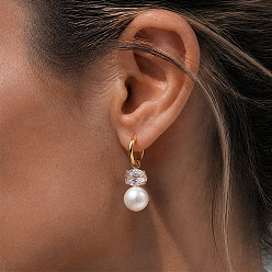 White 304 Stainless Steel Micro Pave Cubic Zirconia Hoop Earrings, Round with Oval, Imitation Pearl Dangle Earrings, Golden, White, 30mm