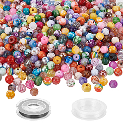 Mixed Color DIY Jewelry Making, Include Acrylic Imitation Jade Beads, Wood Beads and Transparent Stripe Resin Beads, Brass Rhinestone Spacer Beads and Flat Elastic Crystal Thread, Mixed Color
