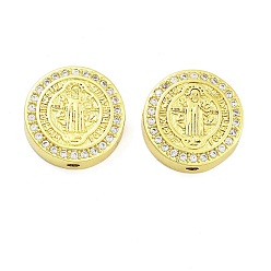 Настоящее золото 18K Покрытие стойки латунь микропаве прозрачные кубические циркониевые бусины, долговечный, без свинца и без кадмия, плоский круглый с узором священника, реальный 18 k позолоченный, 15x5 мм, отверстие : 1.2 мм