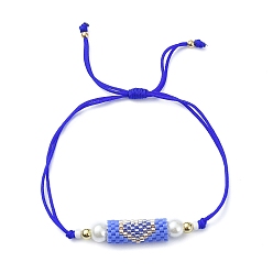 Cornflower Blue Glass Pearl & Seed Column with Heart Link Bracelet, Adjustable Bracelet for Women, Cornflower Blue, Inner Diameter: 3/8~3-1/4 inch(1~8.3cm)