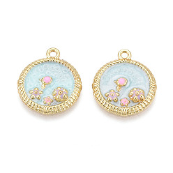 Светло-голубой Стойки обшивки сплава эмали подвески, плоские круглые и цветок, без кадмия и без свинца, золотой свет, светло-голубой, 24.5x21.5x4.5 мм, отверстие : 2 мм