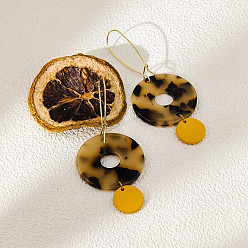 Gold Alloy Acrylic Flat Round Dangle Earrings for Women, Gold, 84x35mm