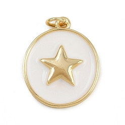 Белый Латунь эмаль подвески, с целью перехода в кольце, золотые, плоский круглый с шармом в виде звезды, долговечный, без кадмия и без свинца, стойки покрытие, белые, 22x18x2.5 мм, отверстие : 3 мм