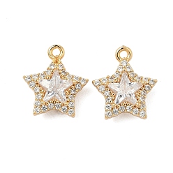 Настоящее золото 18K Латунные микропаве прозрачные подвески с фианитом, без никеля , звезда, реальный 18 k позолоченный, 16x13.5x6 мм, отверстие : 1.4 мм