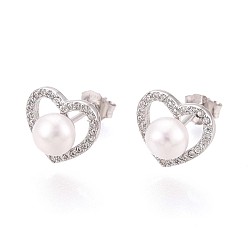Платина 925 серьги-гвоздики из стерлингового серебра с микропаве из прозрачных кубических цирконий, с натуральной жемчужиной, платина, 9x10 мм