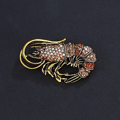 Античное Золото Сплав горный хрусталь брошь, изысканные булавки для лацканов одежды, креветка, античное золото , 30.5x52.5 мм