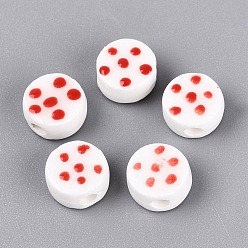FireBrick Handmade Porcelain Beads, Hand Painted, Famille Rose Porcelain, Flat Round with Polka Dot, FireBrick, 8.5x4.5mm, Hole: 1.8~2mm